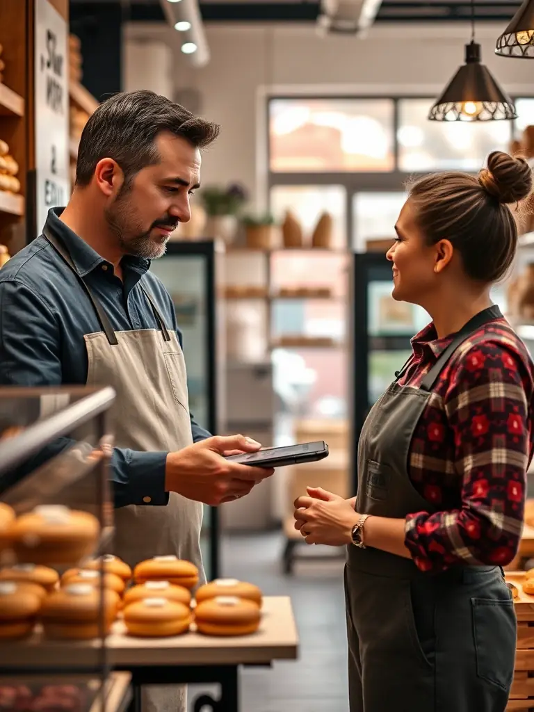 A consultant explaining a subscription-based maintenance plan to a bakery owner, ensuring their digital tools are always up-to-date.