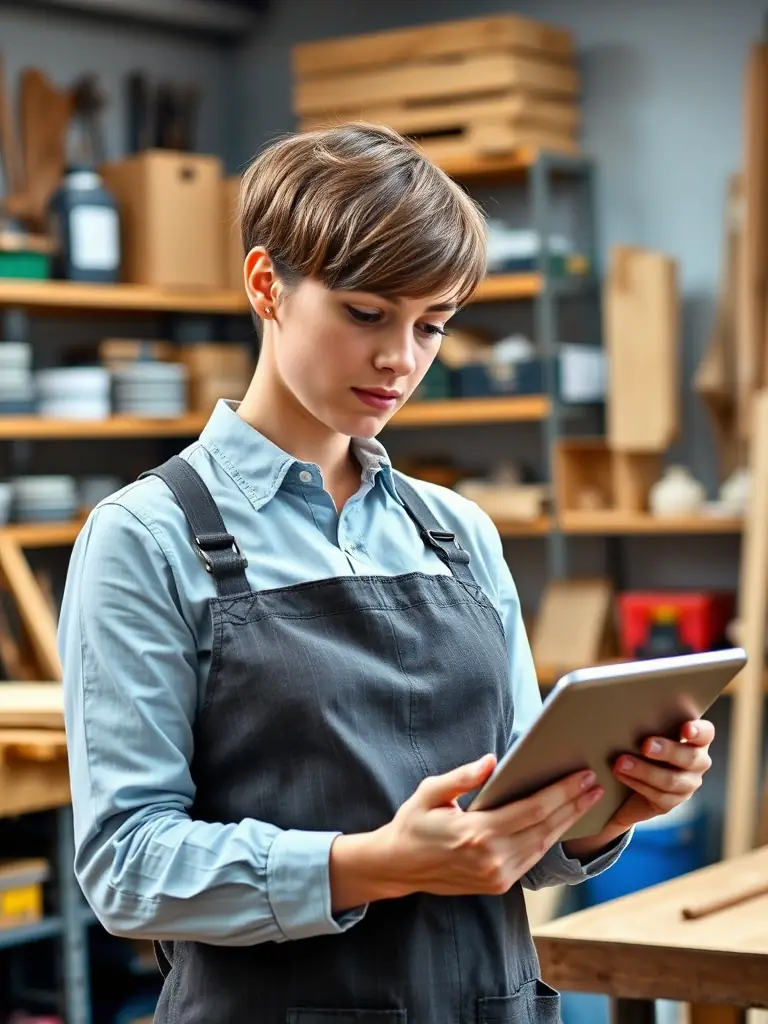 A craftsman using a tablet to manage their work orders, showcasing digital process optimization in a workshop setting.
