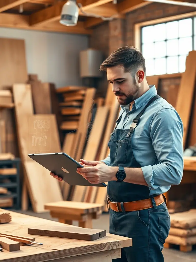 An AI assistant helping a carpenter design furniture, illustrating AI agent implementation in woodworking.