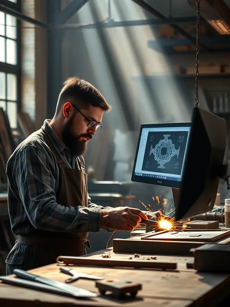 A blacksmith using digital design software to create intricate metalwork, demonstrating the integration of technology in traditional crafts.
