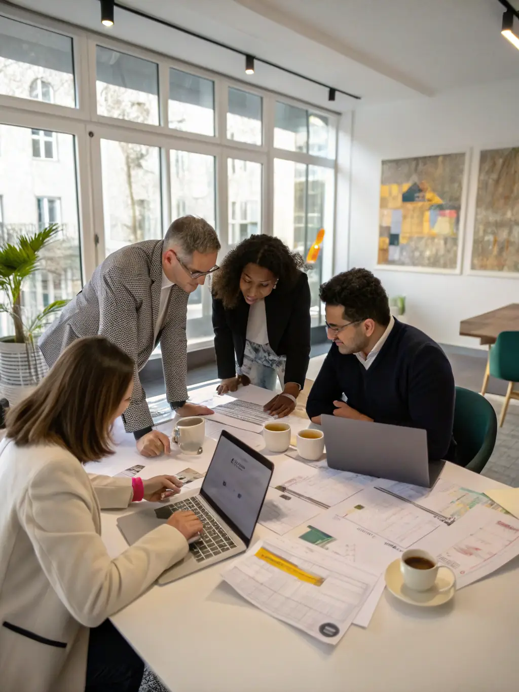 A diverse team of Handwerk Next Level consultants collaborating on a digital strategy for a craft business in a modern office environment.